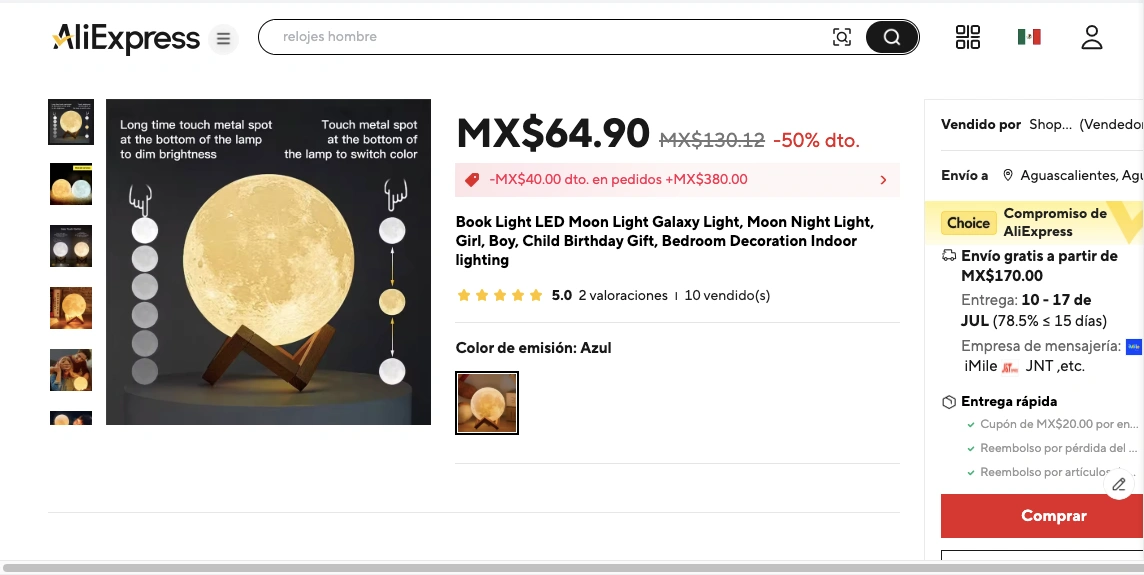 comprar lampara de luna en aliexpress desde mexico